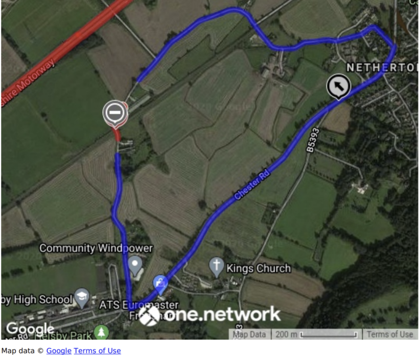 Plan of diversion route via Chester Road, Dig Lane and Hatley Lane